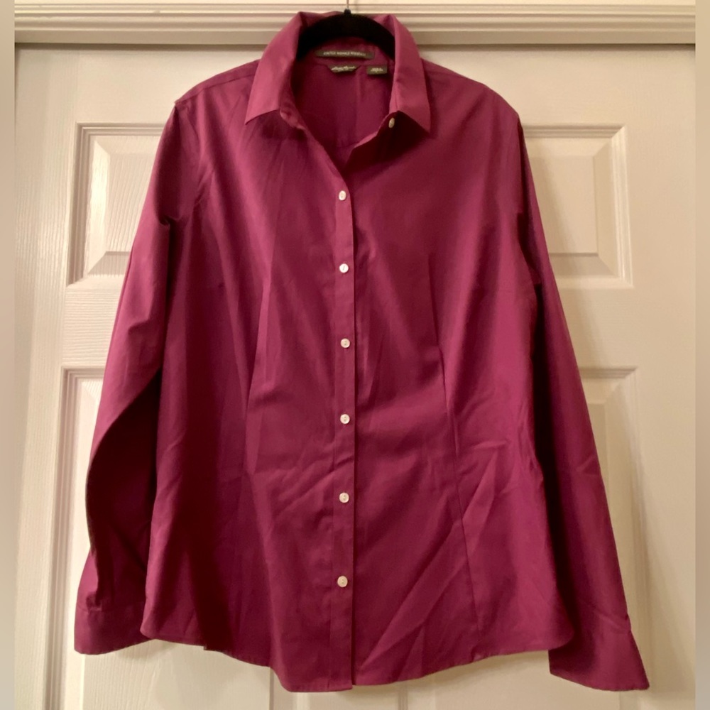Eddie Bauer button down size L, cotton with spandex, plum, wrinkle resistant